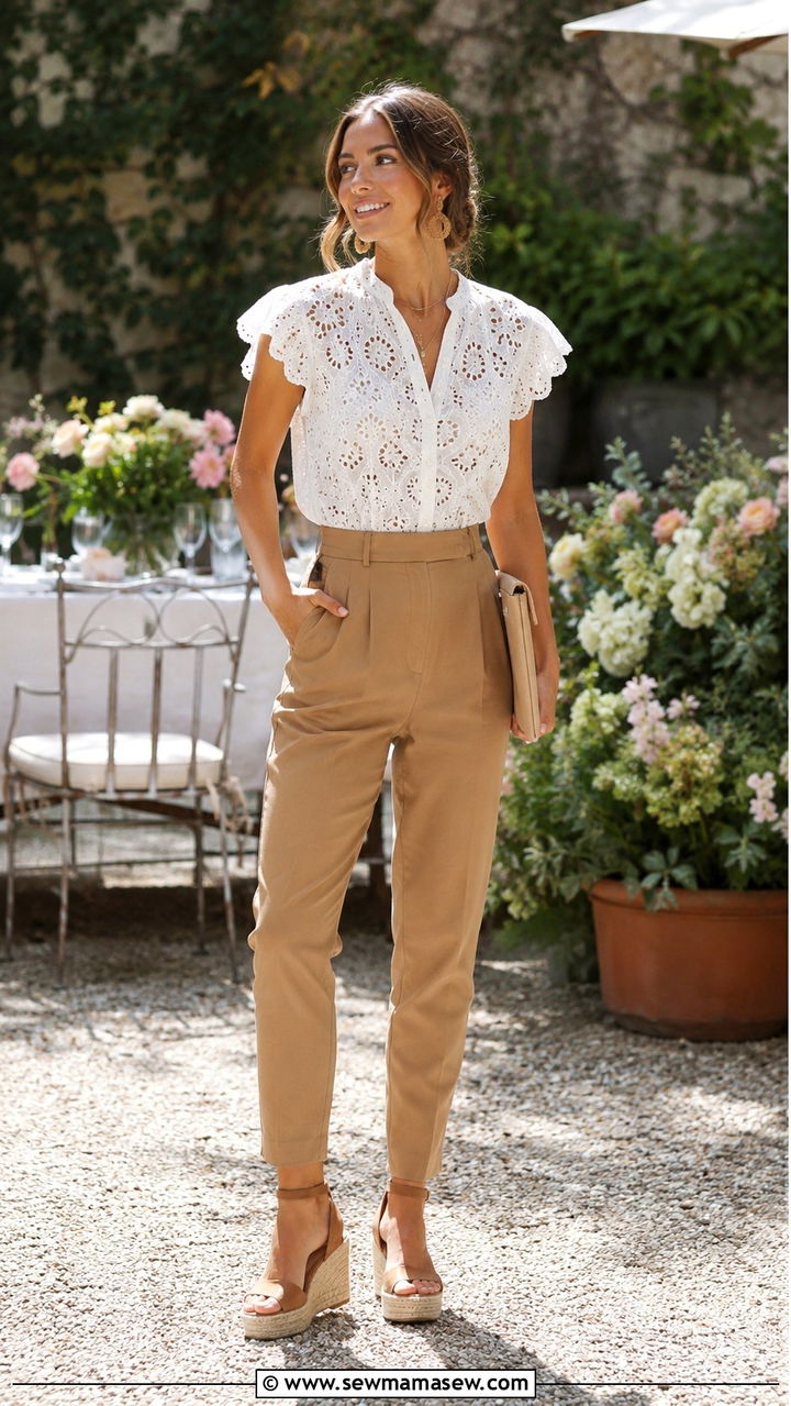 Camel trousers with white eyelet blouse and espadrilles - 30 Camel and white outfit ideas