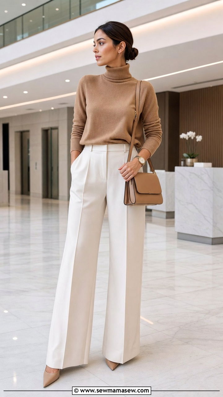 Camel turtleneck and white wide leg trousers - 25 cute clean girl outfits