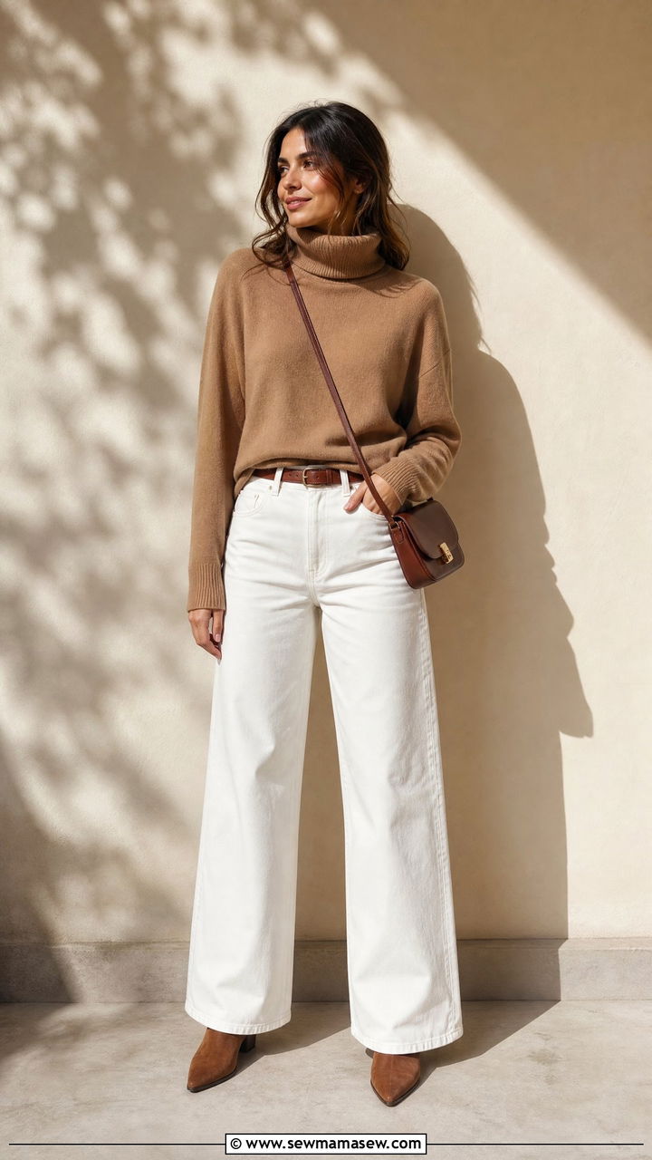 Camel turtleneck with white wide leg jeans outfit - 25 Quiet luxury on a budget outfit ideas