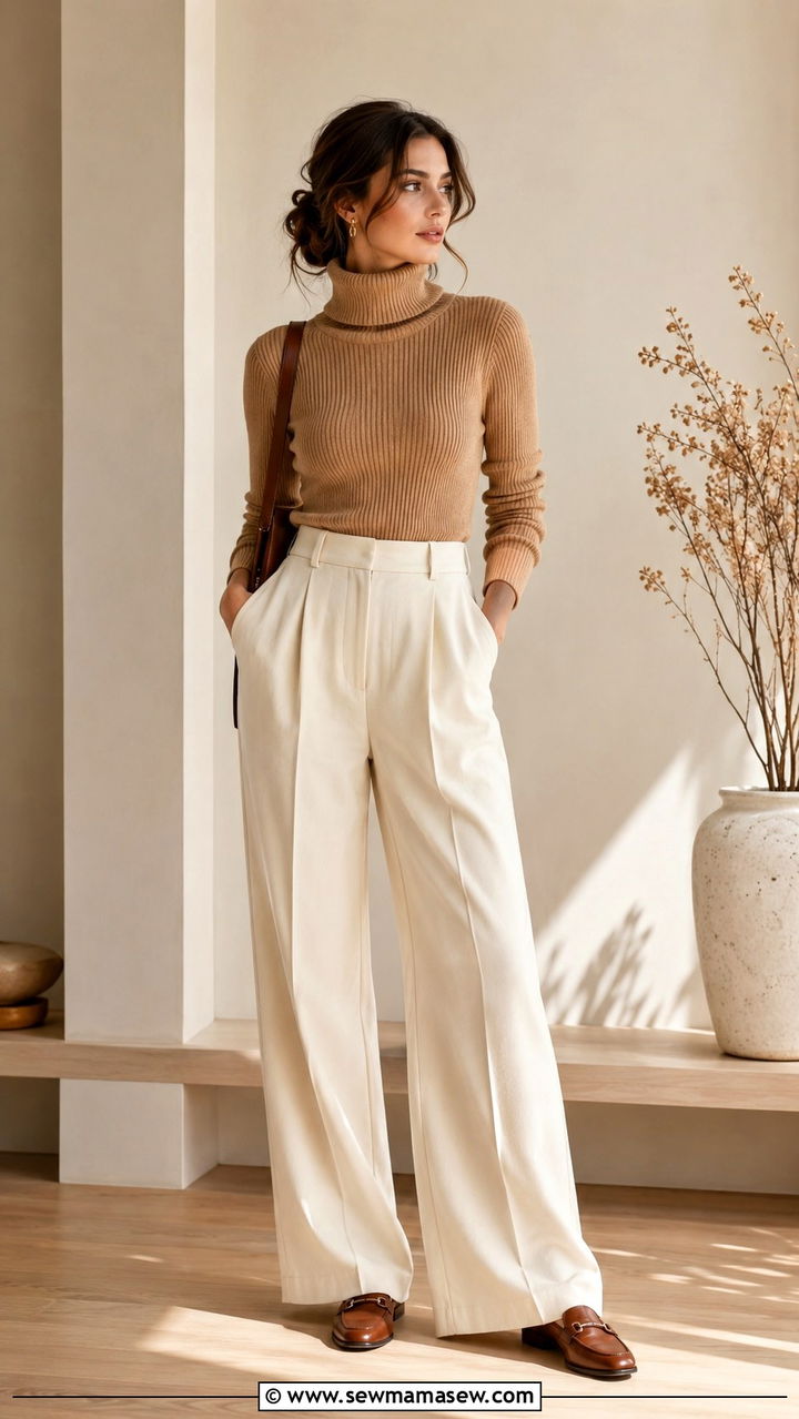 Camel turtleneck with wide leg trousers and loafers - 25 Work outfit ideas for Wednesday