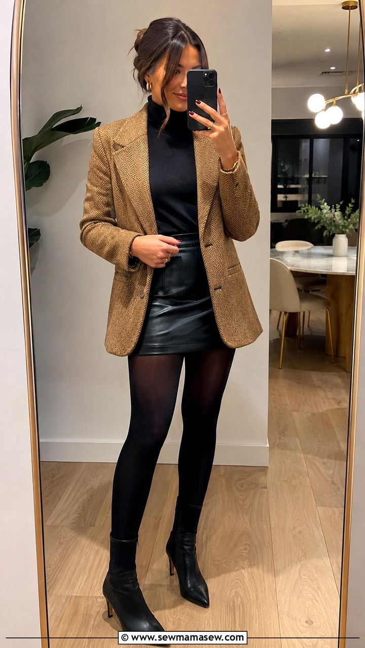 Camel tweed blazer with black leather mini skirt - 20 Tweed blazer outfit ideas with a skirt