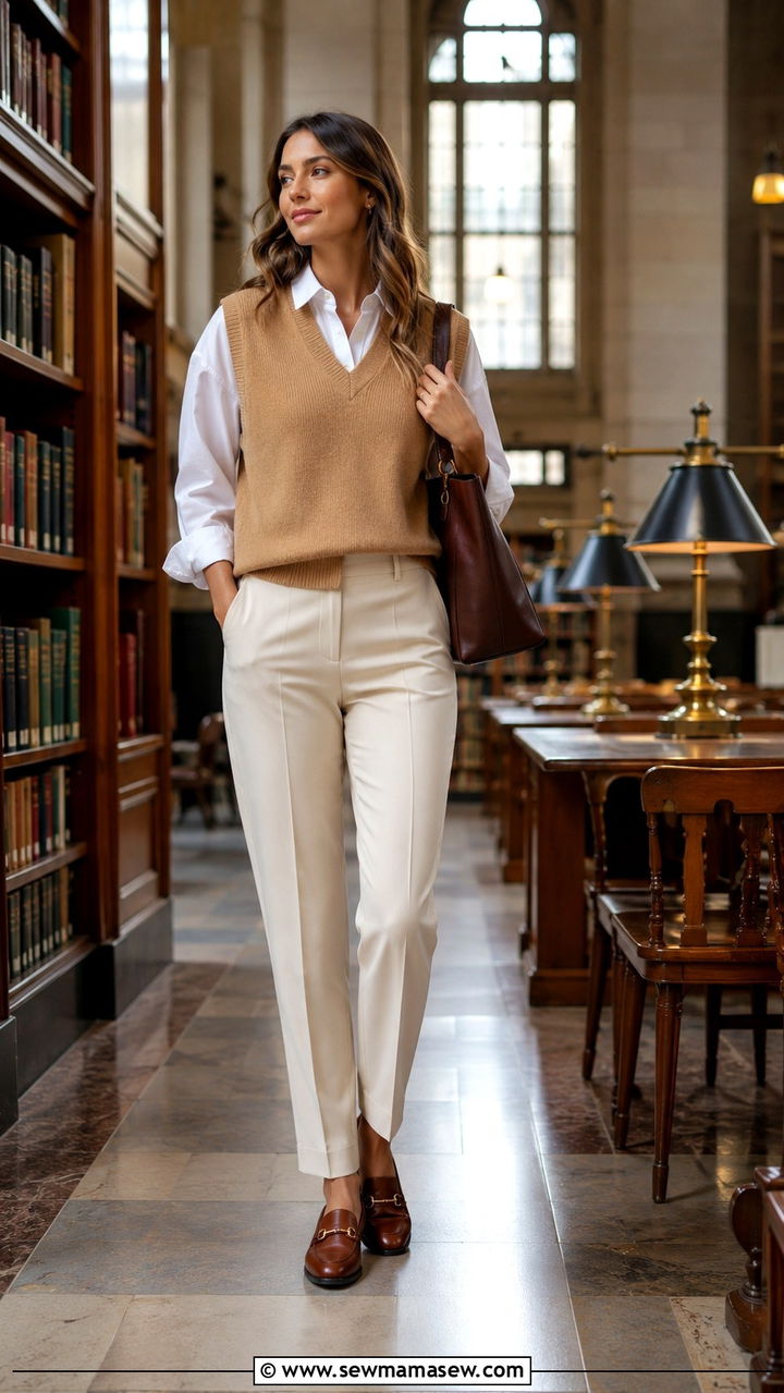 Camel vest with white shirt and tailored trousers - 30 Camel and white outfit ideas