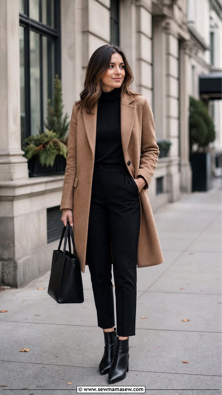 Camel wool coat and black turtleneck - 35 job interview outfit ideas for women