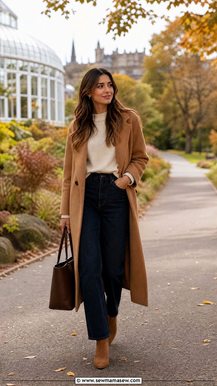 Camel wool coat and cashmere sweater - 30 Edinburgh outfit ideas