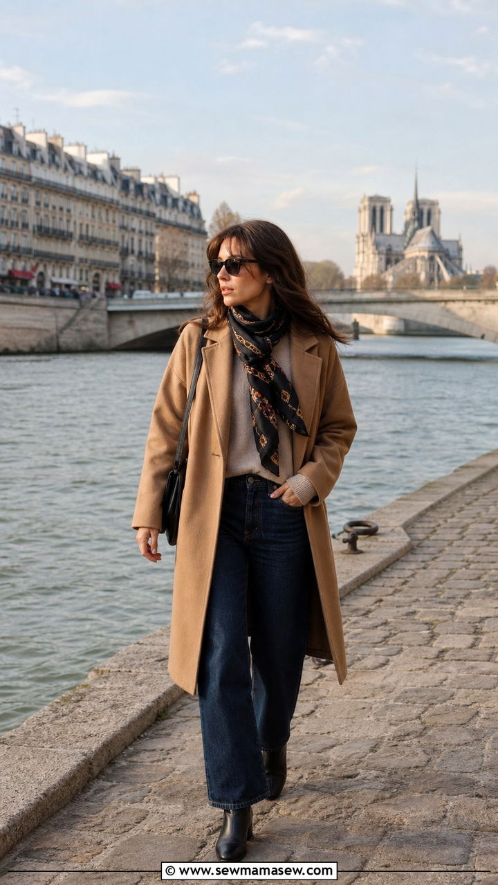 Camel wool coat and dark jeans outfit - 40 Paris outfits