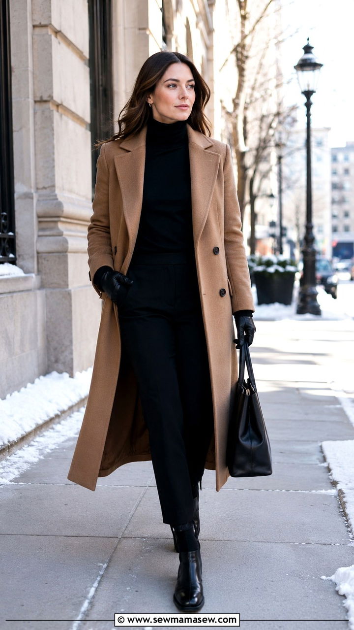 Camel wool coat over black base layers and Chelsea ankle boots - 30 Business travel capsule wardrobe