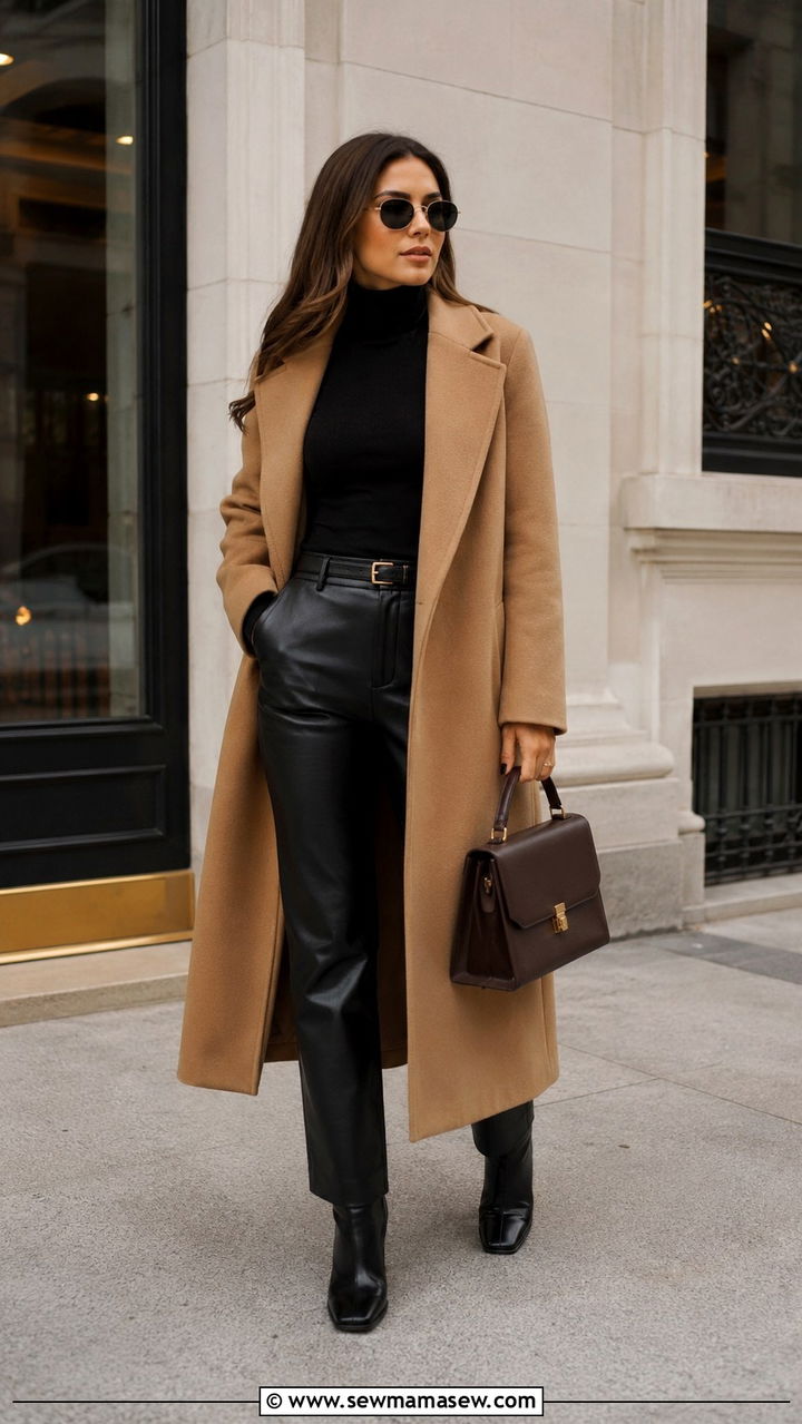 Camel wool coat over black turtleneck and leather trousers - 30 quiet luxury capsule wardrobe outfits