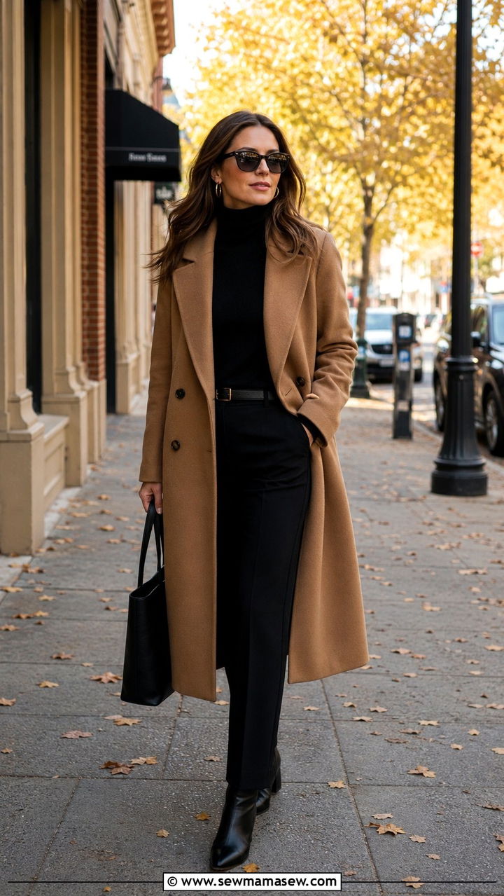 Camel wool coat over black turtleneck and straight trousers - 20 Architect outfit ideas