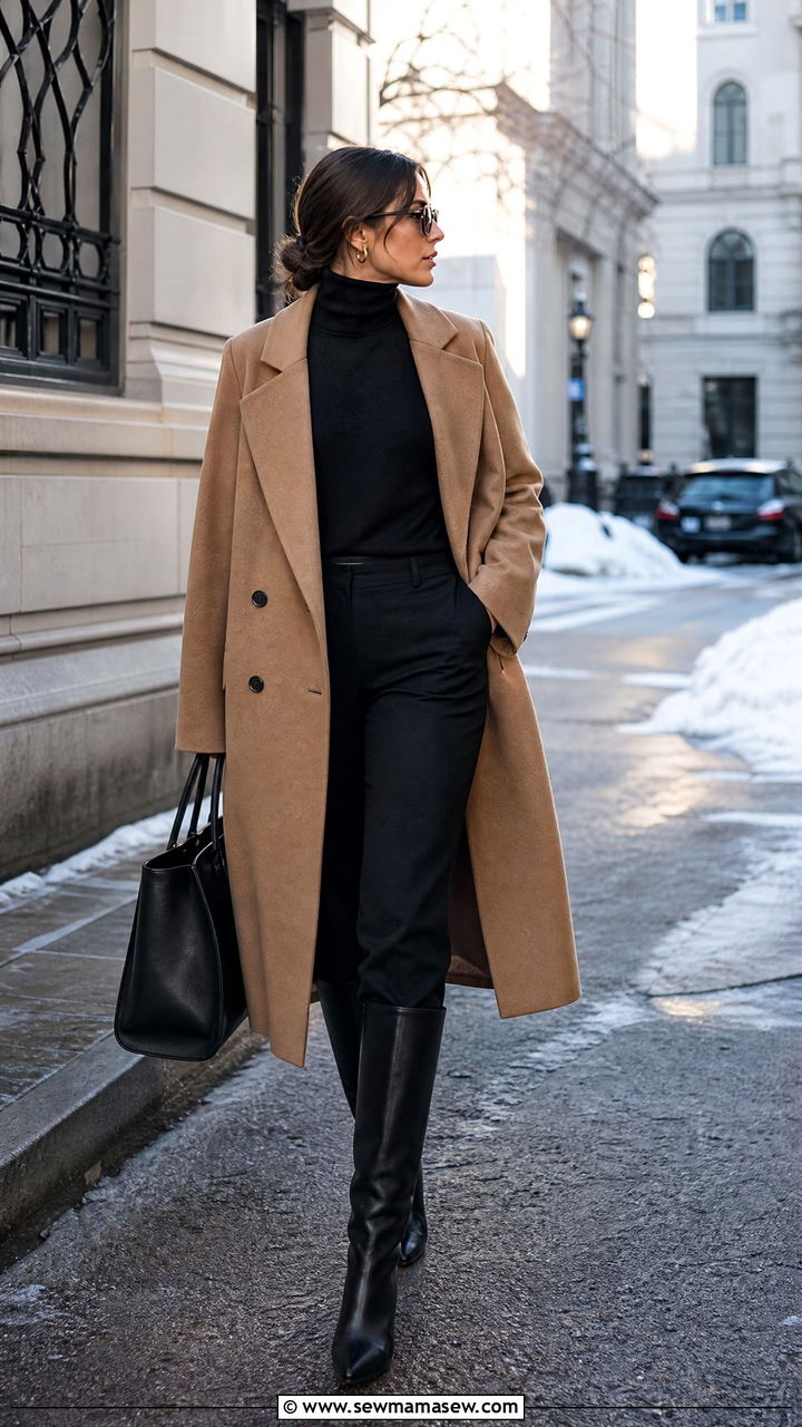 Camel wool coat with black turtleneck outfit - 25 Female lawyer outfit ideas