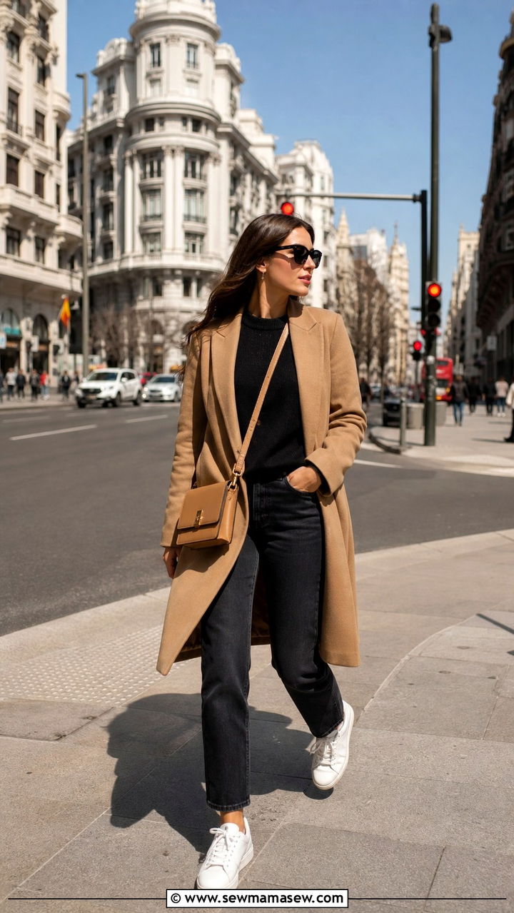 Camel wool coat with dark straight leg jeans and leather sneakers - 40 What to wear in Madrid