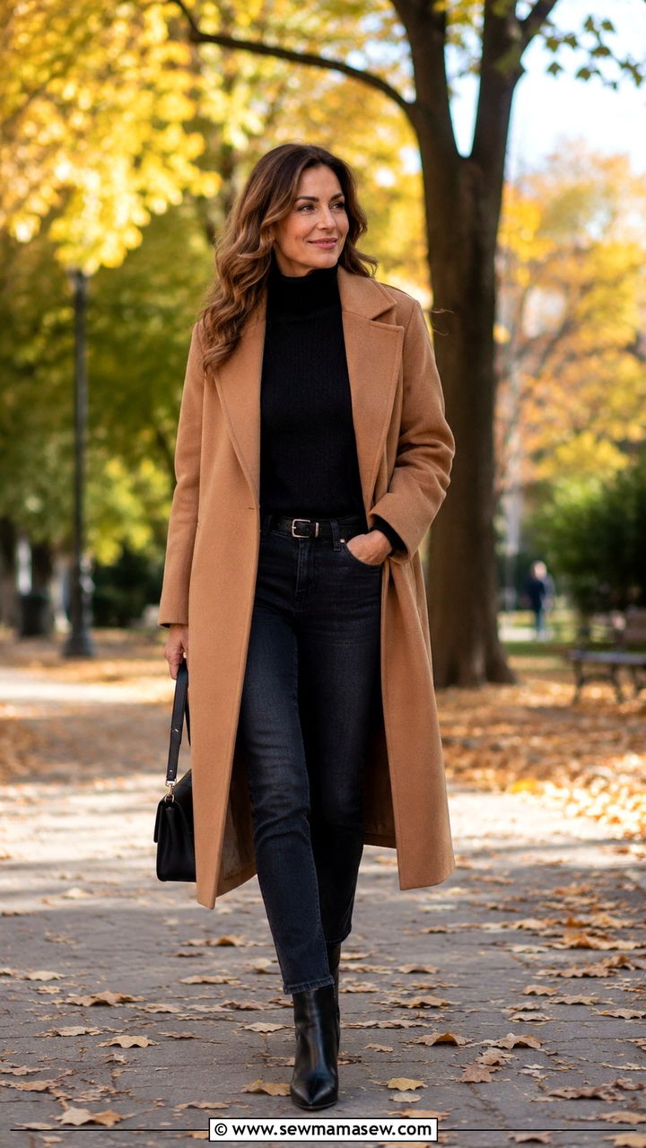 Camel wool coat with turtleneck and dark jeans - 30 parisian outfit ideas for women over 40