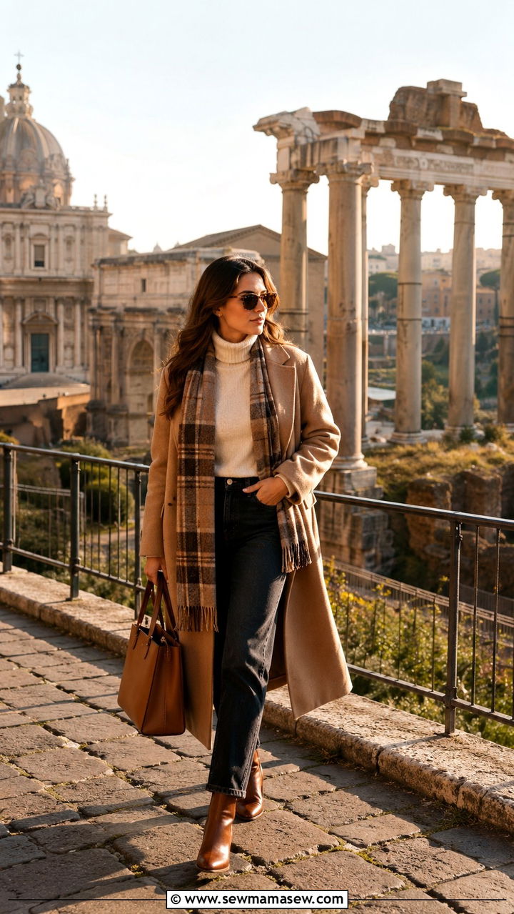 Camel wool coat with turtleneck and jeans Rome outfit - 25 Rome outfit ideas