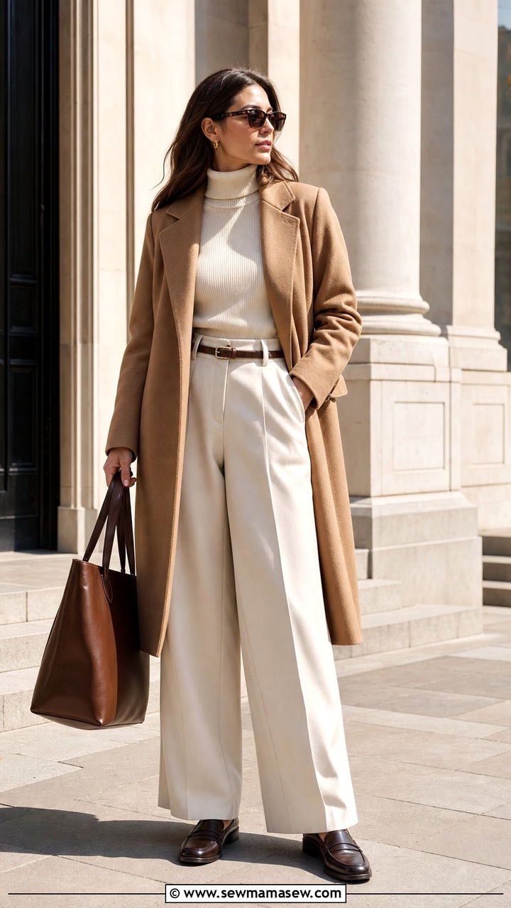 Camel wool coat with wide leg trousers and loafers - 25 classy windy day outfits