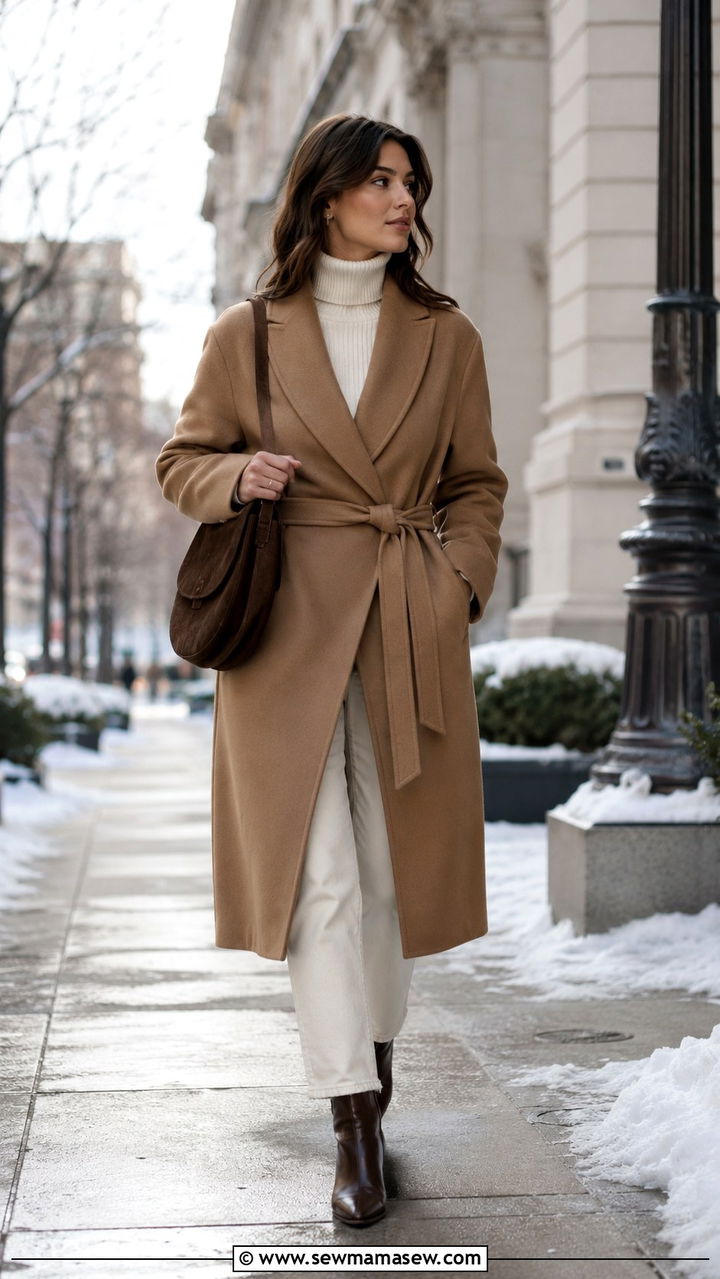 Camel wrap coat and ivory turtleneck outfit - 25 Quiet luxury minimalist outfit ideas