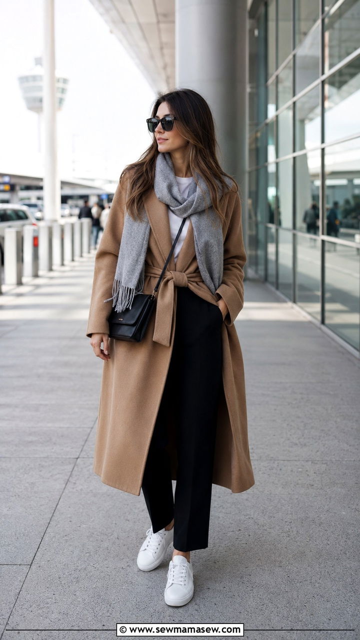 Camel wrap coat and sneakers outfit - 30 quiet luxury outfits to copy