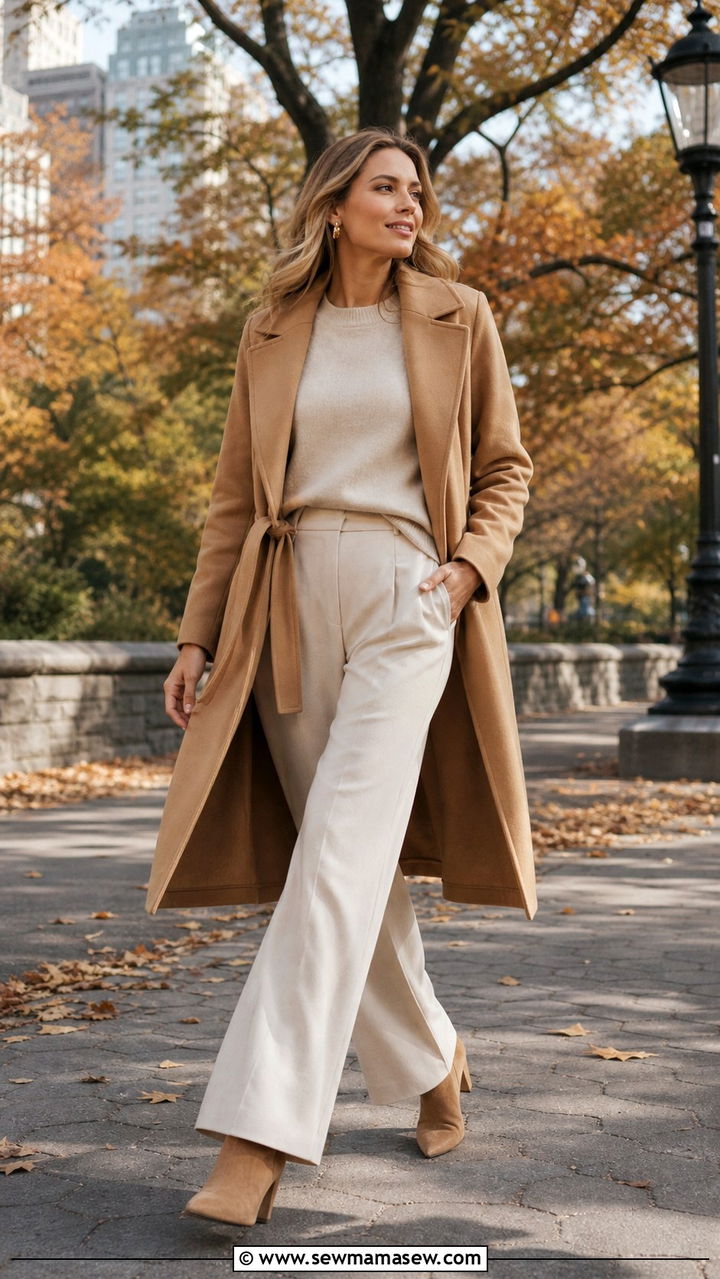 Camel wrap coat over cream knit and ivory trousers - 40 elegant outfits