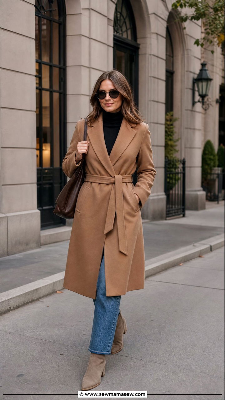 Camel wrap coat with a black turtleneck and classic blue jeans - 30 First cold day outfits