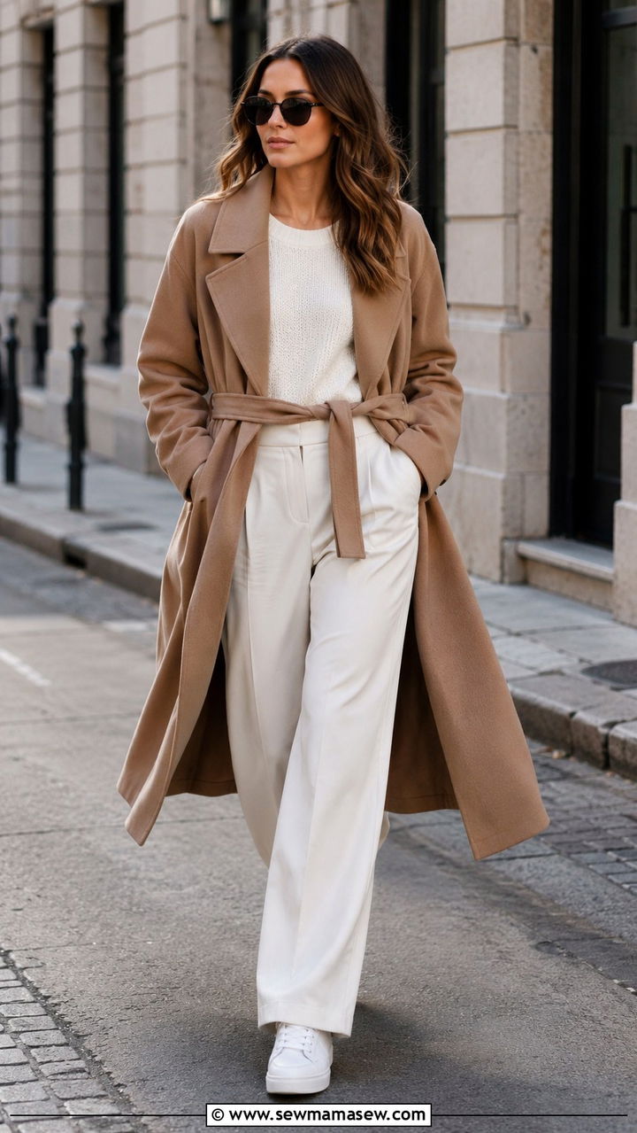 Camel wrap coat with all white base and sneakers - 30 Camel and white outfit ideas