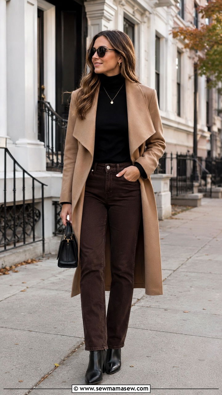 Camel wrap coat with black turtleneck and chocolate jeans - 30 Quiet luxury outfit ideas for brunch