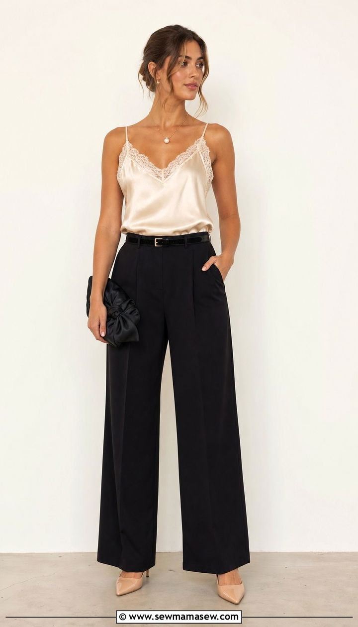 Cami And Wide Leg Trousers With Kitten Heels Outfit - 25 summer outfits with kitten heels