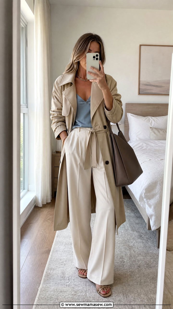 Cami top and wide leg pants with trench coat - 30 summer trench coat outfit ideas