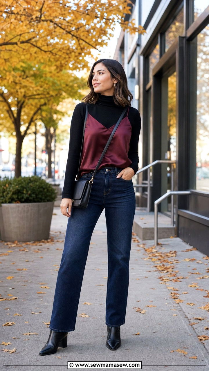 Cami top layered over a turtleneck - 35 Cami top outfit ideas