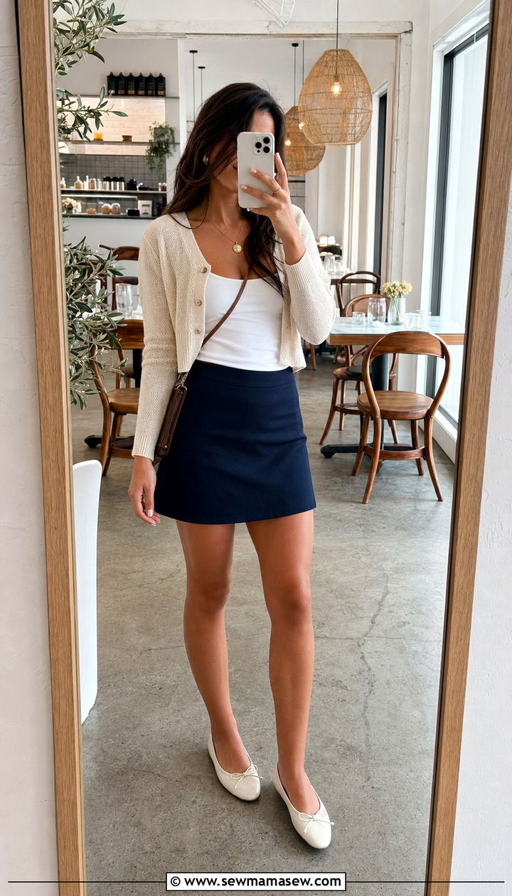 Cami top under cardigan with mini skirt - 35 Cami top outfit ideas