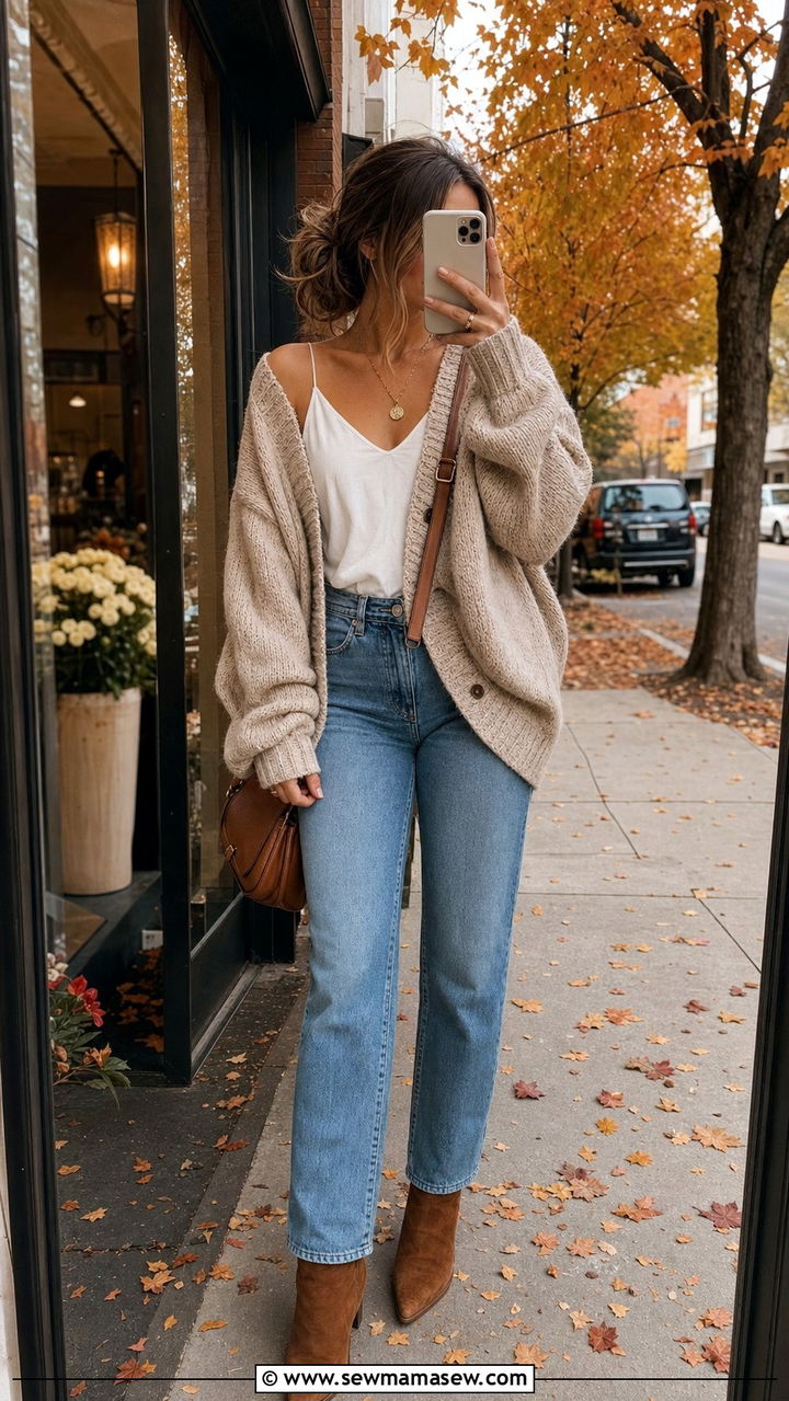 Cami top with knit cardigan and jeans - 35 Cami top outfit ideas