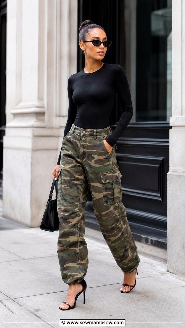 Camo Cargo Pants And Black Heels Outfit - 30 Cargo pants outfit ideas with heels