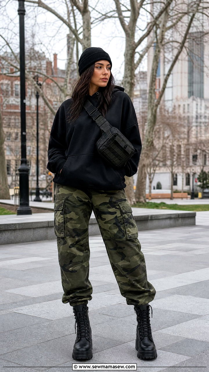 Camo Cargo Pants With A Black Hoodie And Chunky Boots - 30 streetwear outfits ideas