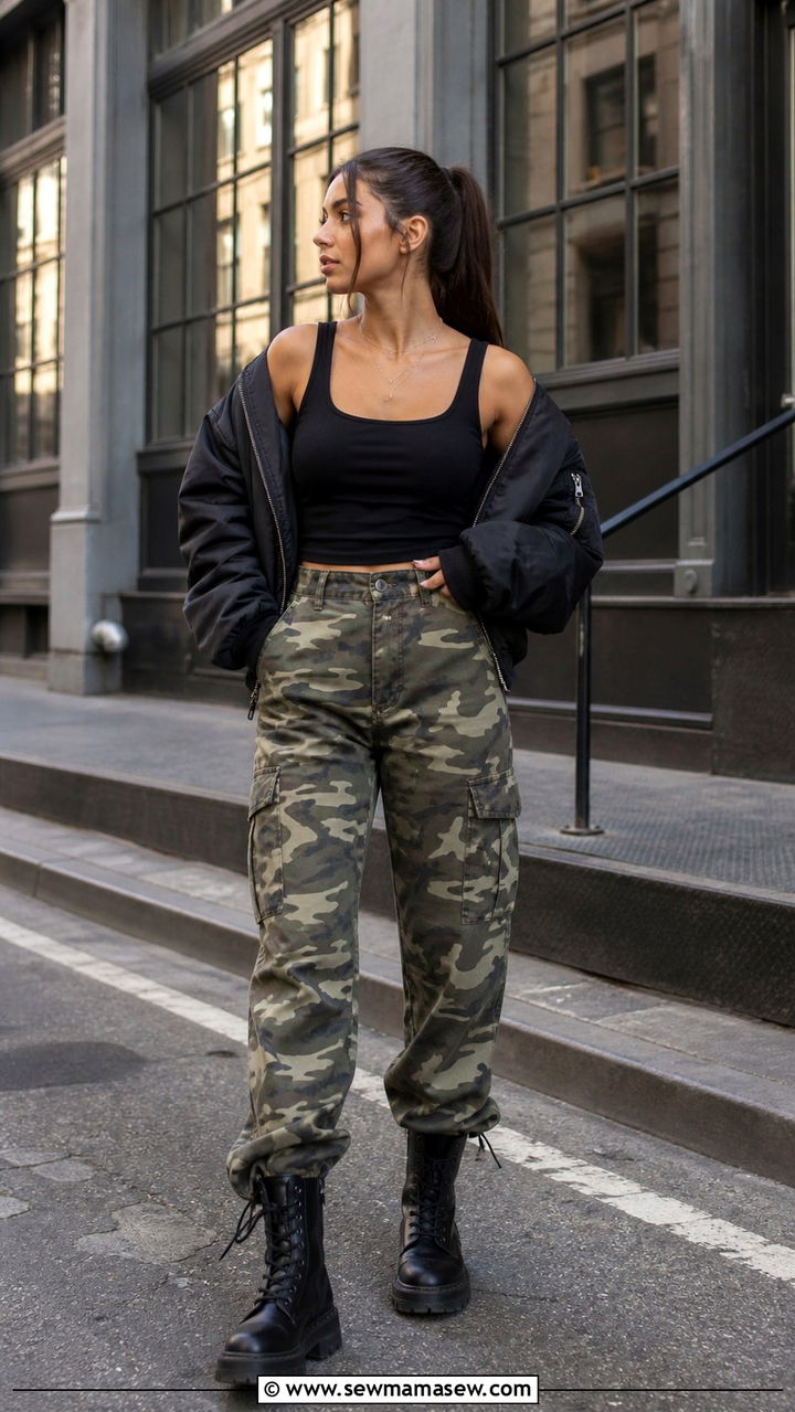 Camo Cargo Pants With Black Tank and Combat Boots - 40 cargo pants outfits