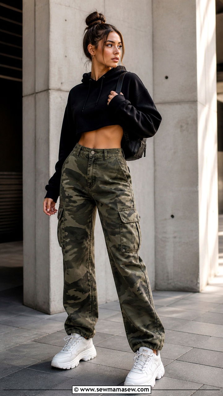 Camo Cargo Pants With Cropped Hoodie and Chunky Sneakers - 40 cargo pants outfits