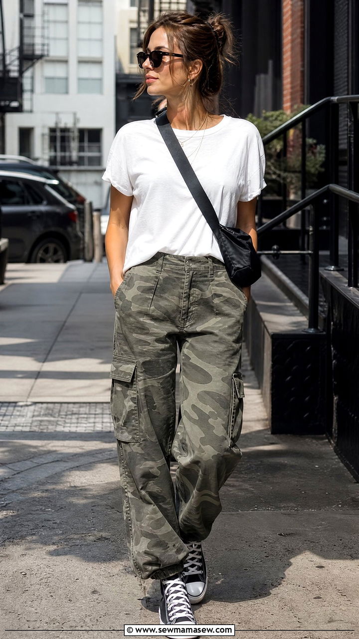 Camo Cargo Pants With Simple White Tee and High Top Sneakers - 30 summer utility chic outfit ideas