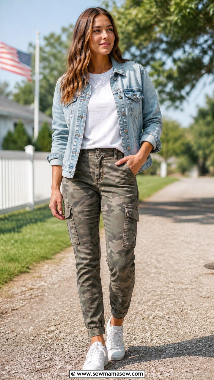 Camo Cargo Pants With White Tee and Denim Jacket - 40 cargo pants outfits
