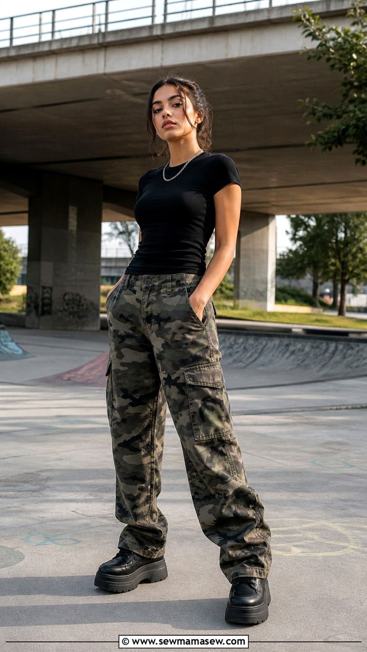 Camo Cargo Pants with Black Top - 40 cargo pants outfits for women