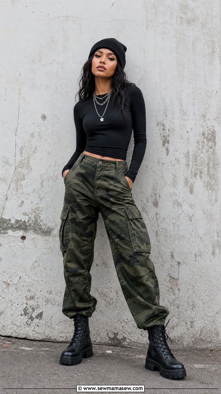 Camo Cargo Pants with Fitted Black Top - 30 streetwear outfit ideas for women