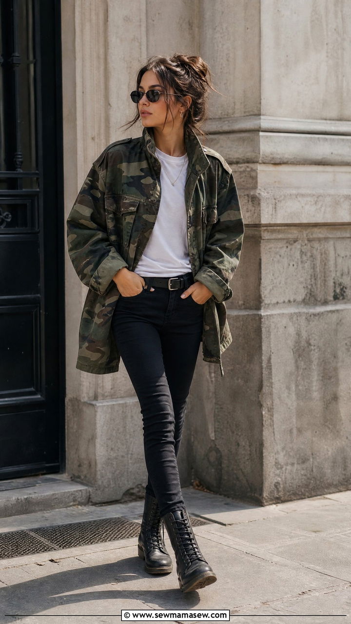 Camo Jacket with Black Skinny Jeans and Combat Boots - 35 grunge outfit ideas for women
