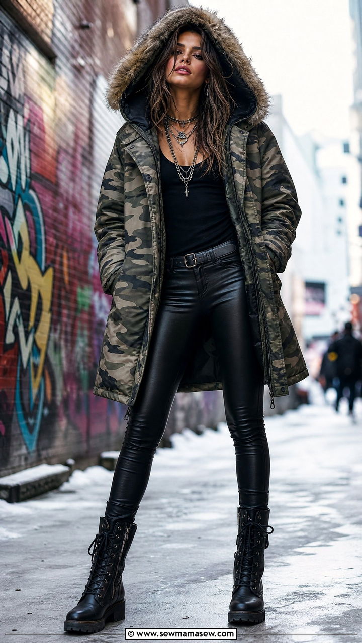 Camo Print Hooded Parka With Faux Leather Leggings And Biker Boots - 35 Hooded coat outfit ideas