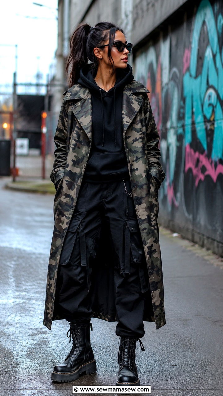 Camo Print Trench Coat With Chunky Combat Boots - 30 Long trench coat outfit ideas with boots