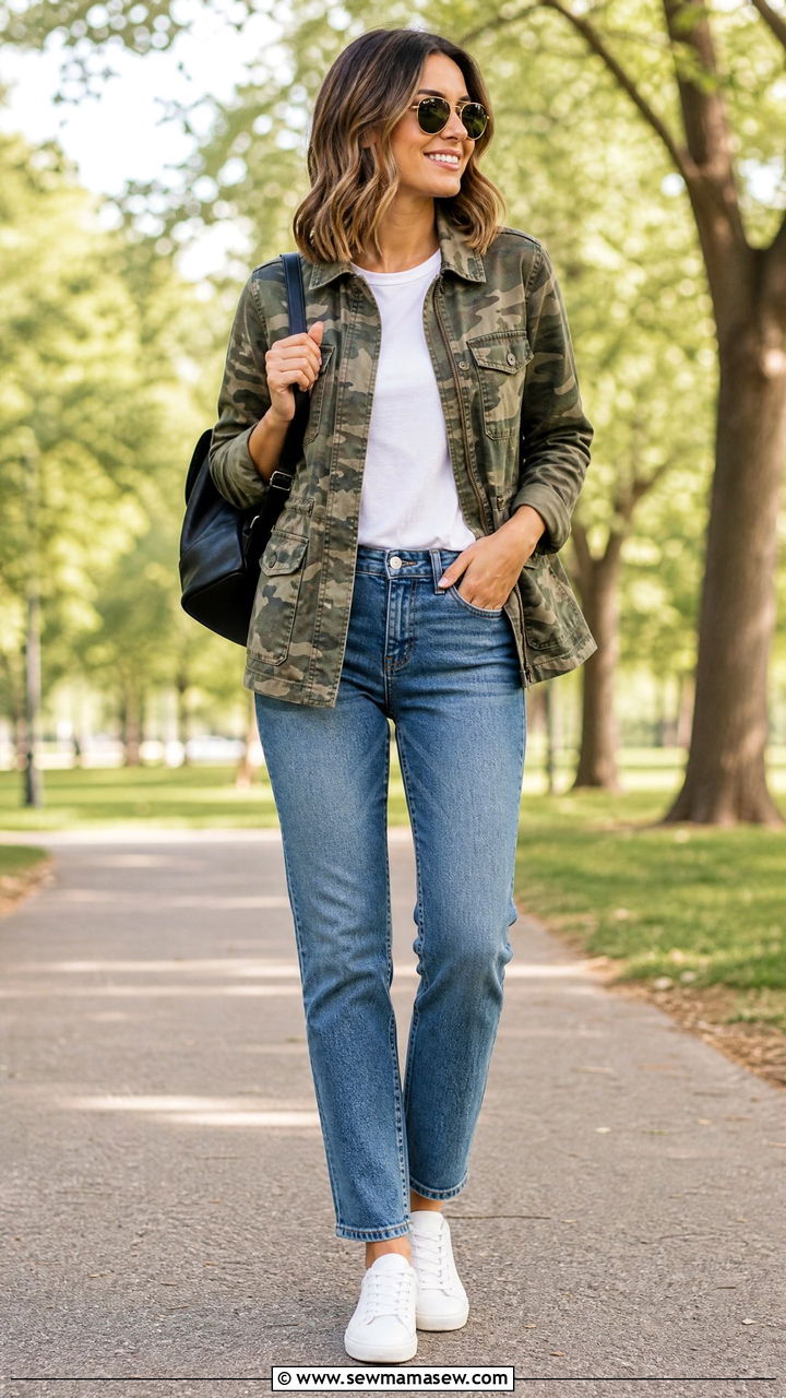 Camo Print Utility Jacket With Jeans Outfit - 30 Summer outfits with utility jacket