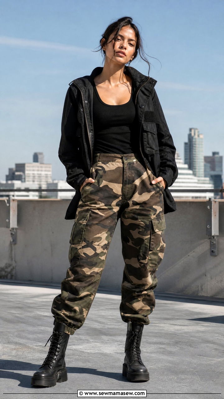 Camo cargo pants with black tank and combat boots - 25 chic cargo pants outfit ideas