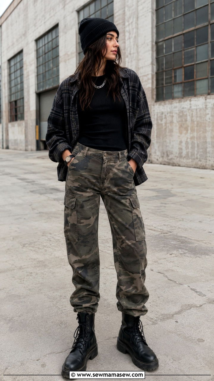 Camo cargo pants with black tank and flannel overshirt - 30 grunge outfits to copy