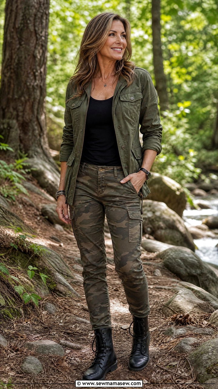 Camo cargo pants with utility jacket outfit - 25 Cargo pants outfit ideas for women over 40