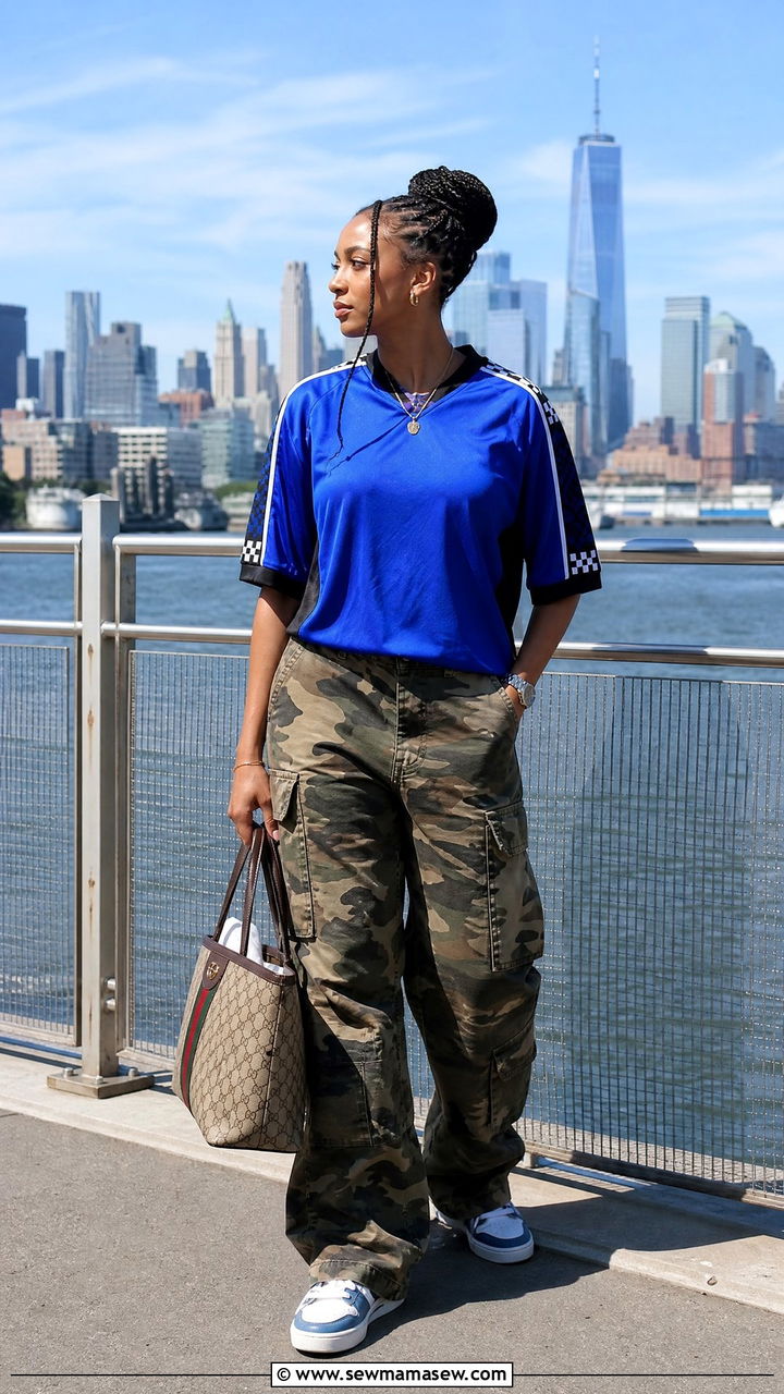 Camo cargo pants with vintage sports jersey and Gucci tote - 25 Rihanna summer outfit ideas