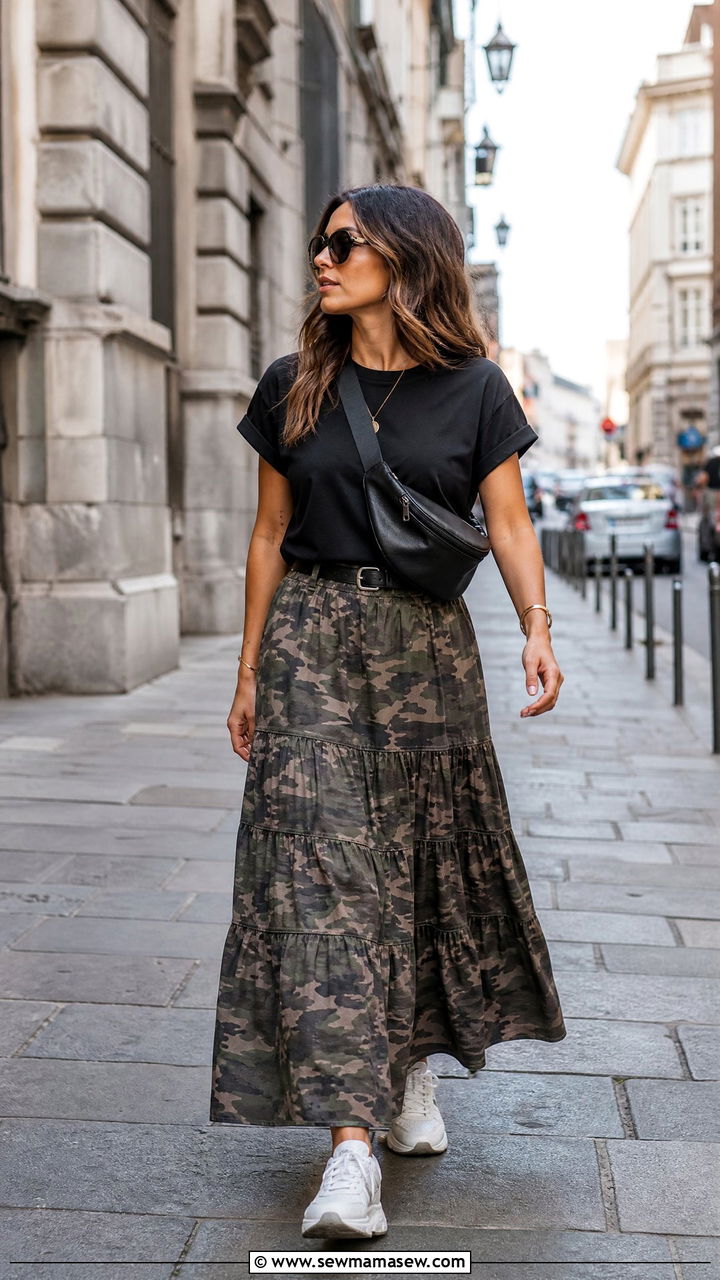 Camo maxi skirt with chunky trainers - 30 Summer outfits with maxi skirts