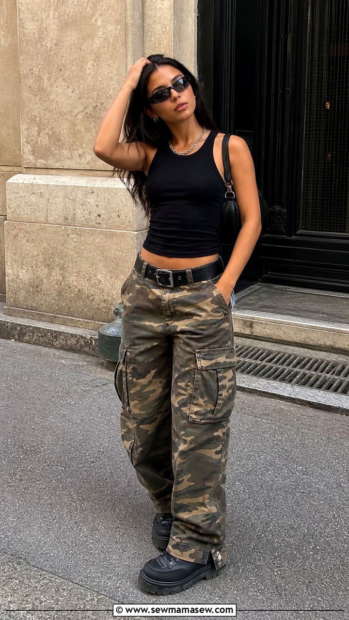 Camouflage Cargo Pants and Fitted Black Tank - 40 Y2K outfit ideas