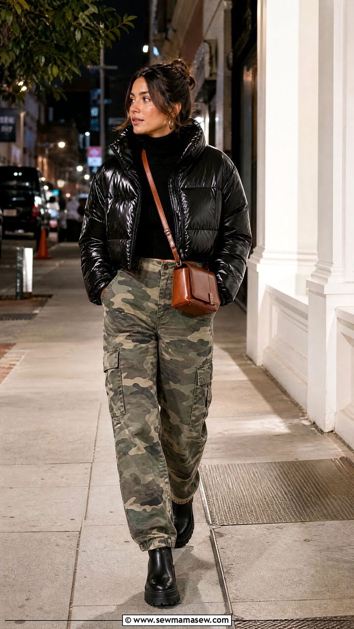 Camouflage Cargos and Cropped Puffer Outfit - 25 Gorpcore outfit ideas 2026