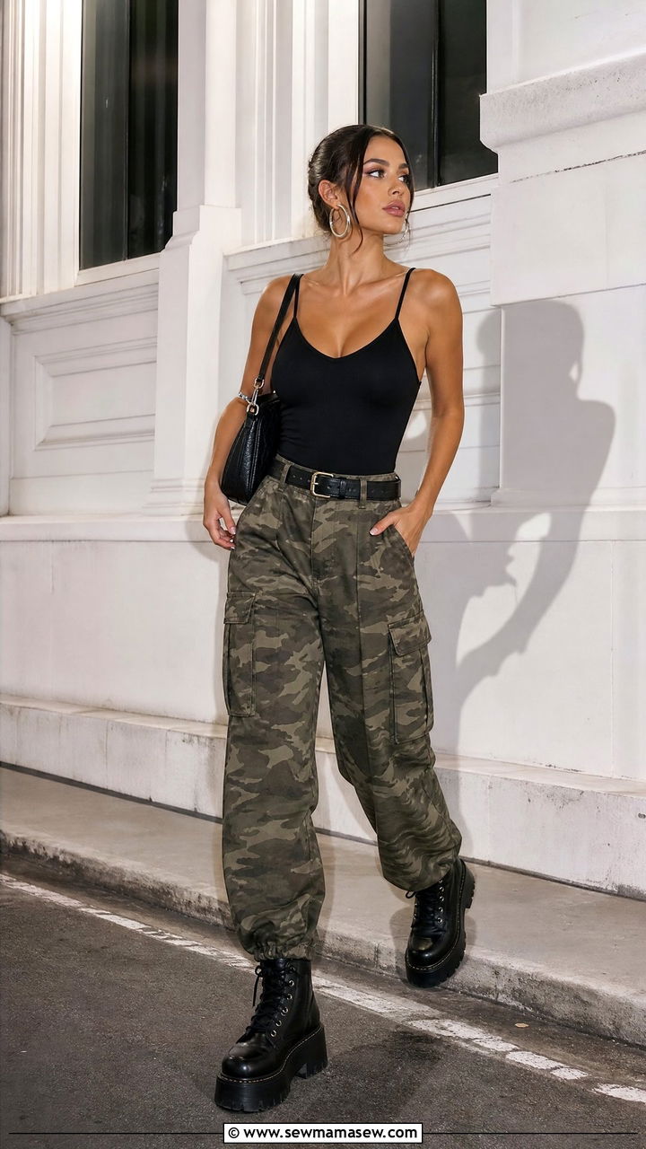 Camouflage cargo pants with black bodysuit summer style - 30 Summer outfits with cargo pants