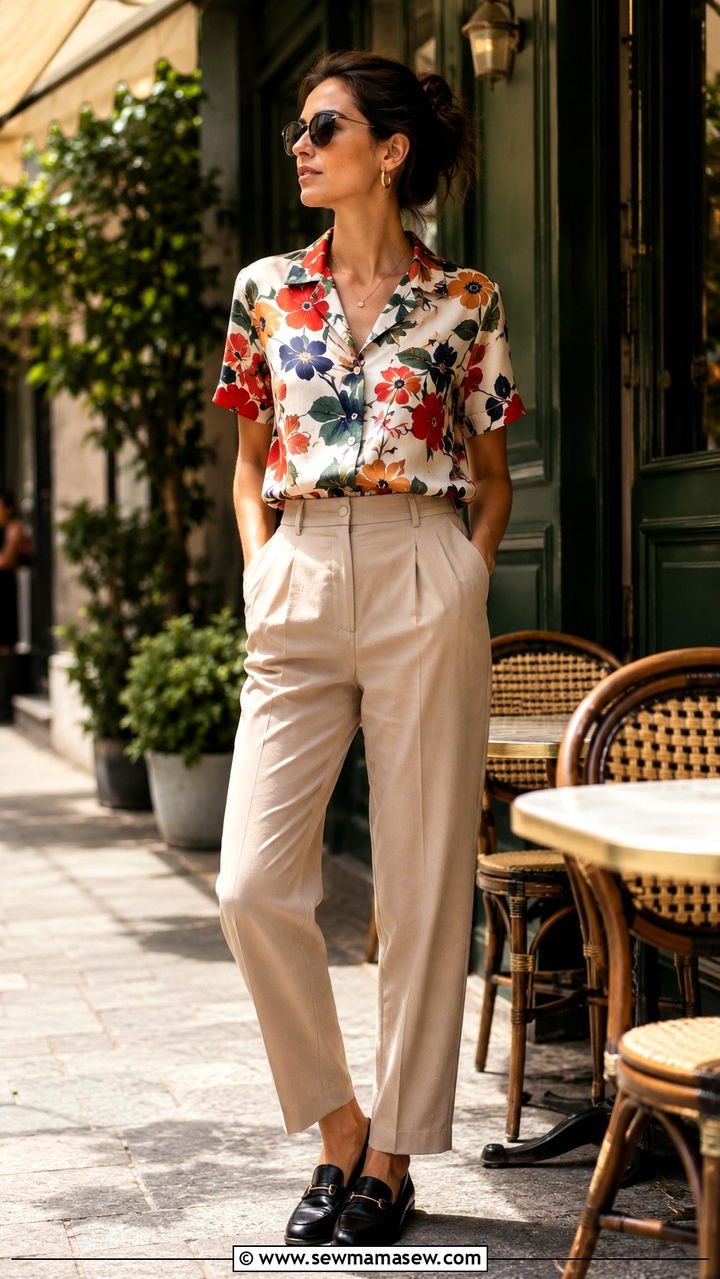 Camp Collar Printed Shirt With Tailored Trousers and Loafers - 30 Late spring outfits