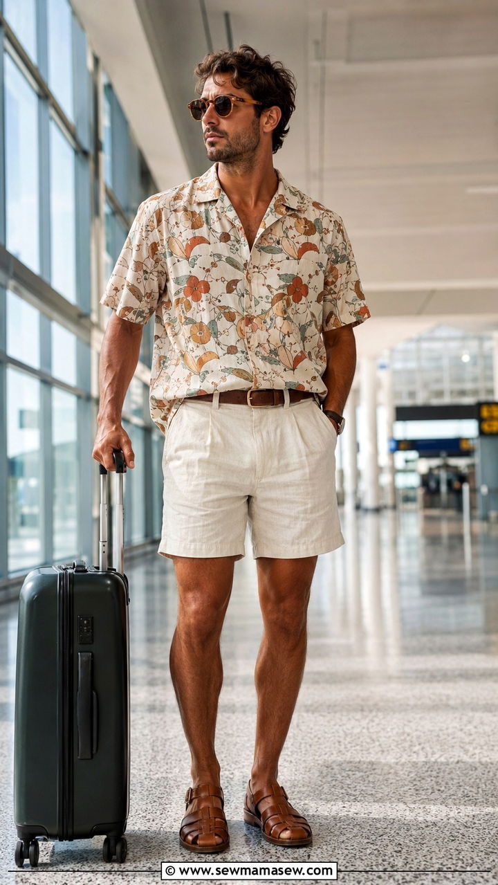 Camp collar shirt and linen shorts - 25 Airport outfit ideas for beach vacation